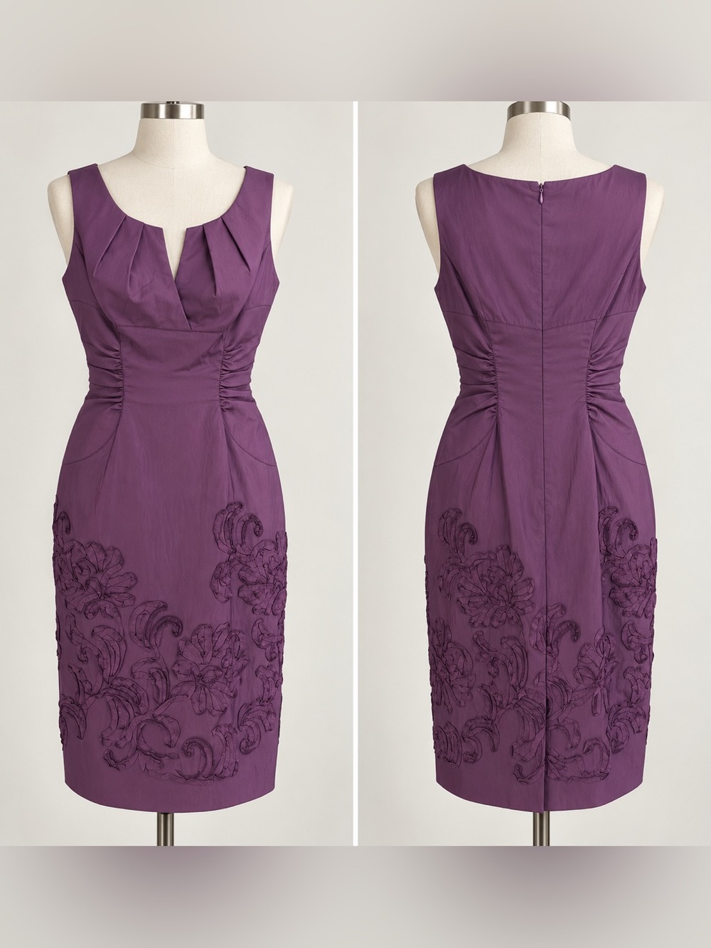 Adrianna Papell Plum Sleeveless Sheath Dress with Floral Appliqué